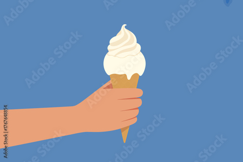 Vanilla Ice Cream Cone Held in Hand on a Blue Background Perfect for Summer Treats and Dessert Concepts