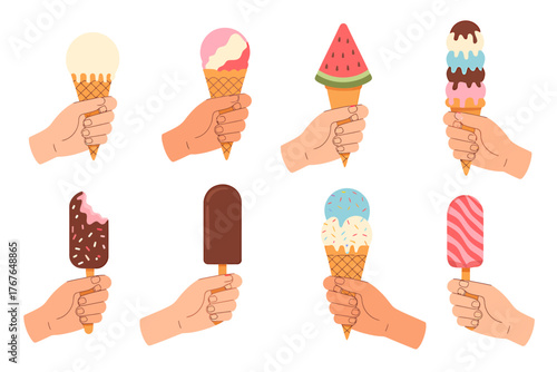 Collection of colorful ice cream treats held by hands a delightful summer experience vector illustration various flavors and designs