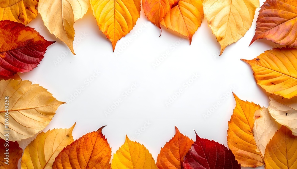 Fototapeta premium Autumn leaves create a frame, showcasing colors of red, orange, yellow, and tan on white