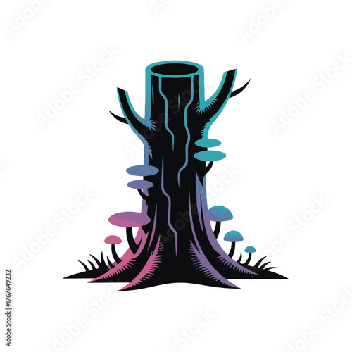 Stylized illustration of a dark tree stump with glowing mushrooms, isolated on white background