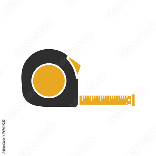 Black and yellow tape measure icon with markings on white background measuring tool