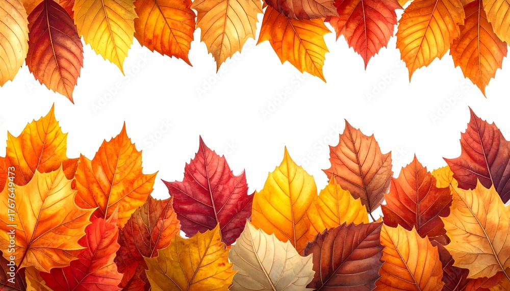 Fototapeta premium Autumn leaves in various shades form a frame against a white backdrop