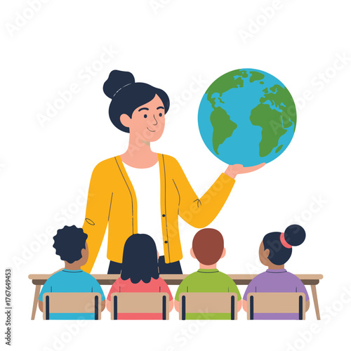 Teacher holding a globe, teaching a diverse group of young students about the world in a classroom setting