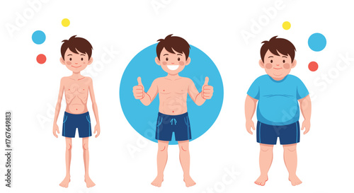 Illustration showing a boy with different body types, from underweight to overweight.