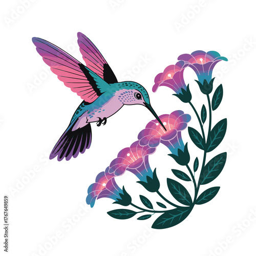 Vibrant hummingbird with iridescent plumage feeding on glowing purple and blue flowers