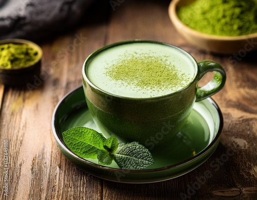 delicious matcha latte with mint and fine powder on a rustic table