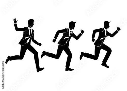 Silhouettes of business people running, jumping, winning full length front, side view. Vector black monochrome outline illustration isolated on transparent background . Avatar, icons for.