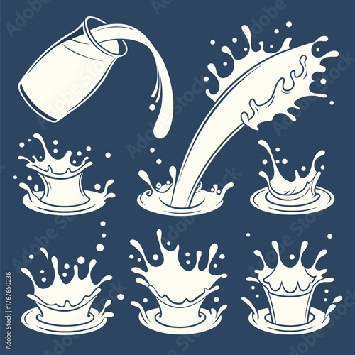 A collection of nine stylized milk splash illustrations are set against a deep blue background. The milk splashes vary in shape and size, ranging from dynamic arcs and cascading streams to circular fo