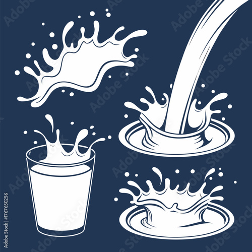 A collection of nine stylized milk splash illustrations are set against a deep blue background. The milk splashes vary in shape and size, ranging from dynamic arcs and cascading streams to circular fo