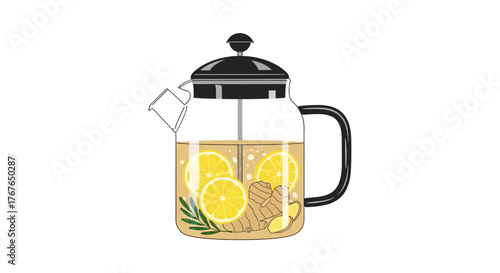 Transparent teapot with lemon and ginger slices: minimalist design in flat style