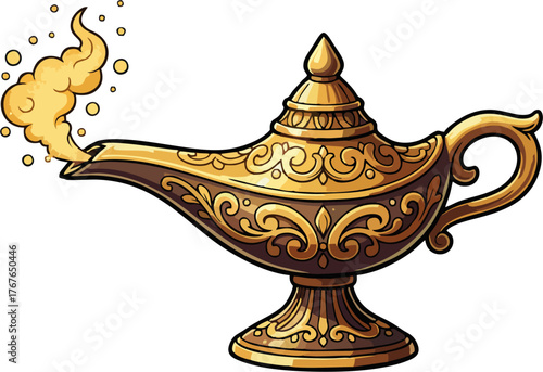 Ornate Golden Magic Lamp Vector Illustration – Detailed Fantasy Fairy Tale Lamp, Isolated on White
