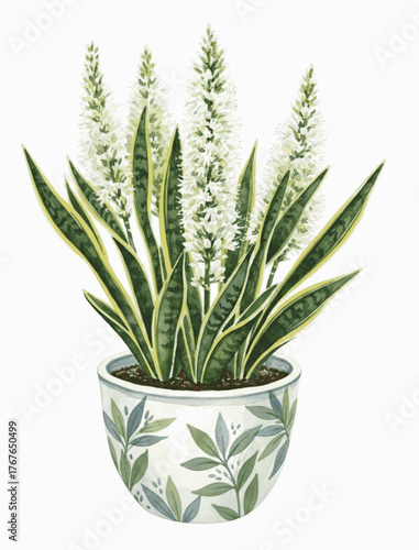 An Indoor Garden White-Flowered Snake Plant in a Pot isolated watercolor vector illustration svg