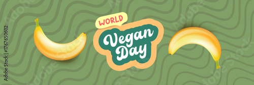 World Vegan day 1 November banner design template with banana. Vegan day green geometric banner with text and yellow banana fruit. Go Vegan. Green abstract geometric background.