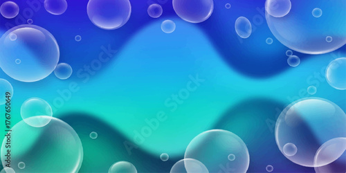 Abstract blue background with transparent water bubbles and light reflection
