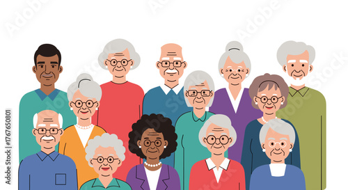A diverse group of smiling elderly people of various ethnicities and genders stand together happily.