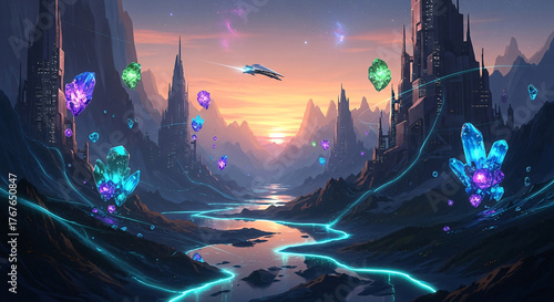 Alien Landscape with Glowing Crystals and Spaceship Flying Over River at Sunset