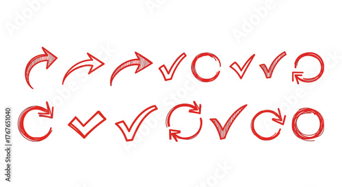 Red hand drawn arrows and check marks collection with circular designs