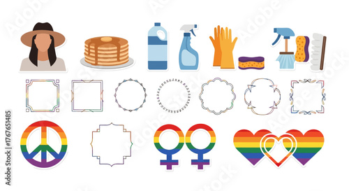 Diverse everyday icons and rainbow symbols in simple flat design