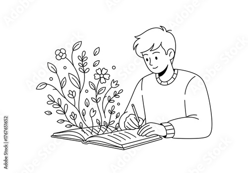 A Young Person Writing in a Book with Flowers and Leaves Growing Out of It, Symbolizing Creativity and Growth