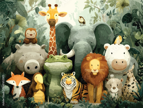  Baby Animal Friends Standing in a Row.