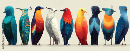 Hand-Drawn Birds with Colorful Feathers.