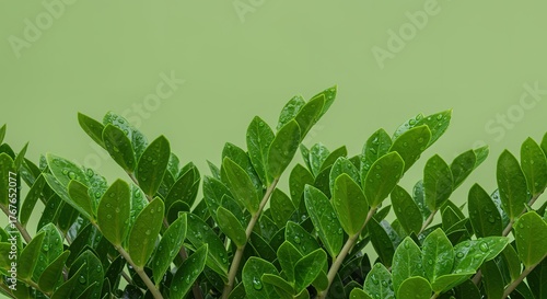 Zamioculcas zamiifolia plant with water droplets on leaves zz foliage green nature botany tropical houseplant indoor