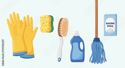 Cleaning essentials toolkit with gloves, sponge, brush, detergent, mop, and b…