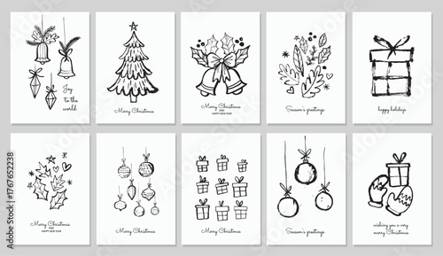 Set of hand drawn cute Christmas celebration cards. Ink doodle drawing vector illustration templates. A5 rectangle print format.