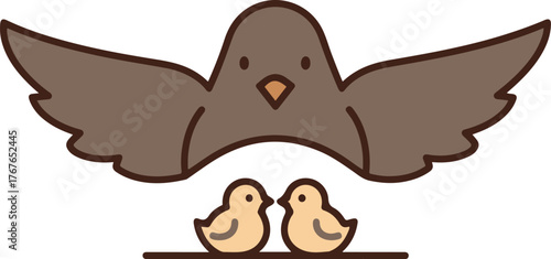 Adorable brown bird mother protecting two tiny chicks under spread wings a symbol of nurturing love and family unity