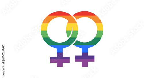 Rainbow lesbian pride symbols with interlocked gender signs on white background
