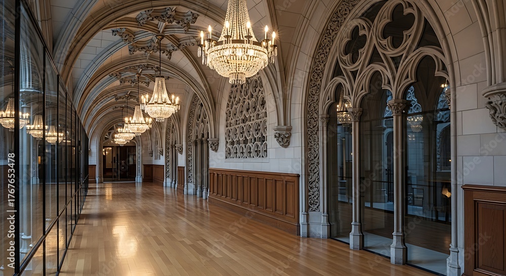 Obraz premium A long hallway with chandeliers and ornate ceilings in a historic building with wooden floors and glass walls on the sides