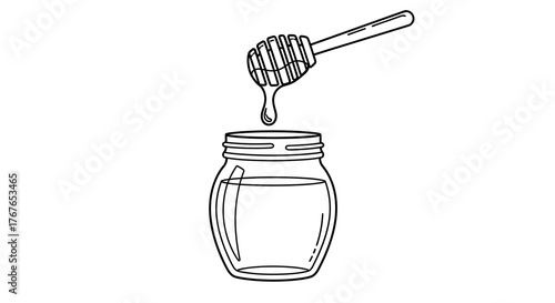 Honey dipper above glass jar with honey in minimalist line art style