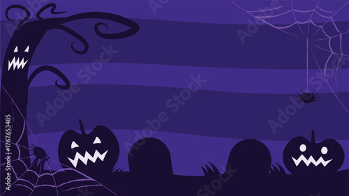 Spooky Halloween background with pumpkins, haunted tree, spider webs, and dark purple tones. Perfect for invitations or banners.