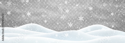 Snow flakes, snow and blizzard falling on snowdrifts. Snow landscape decoration, frozen hills isolated on png background. Vector heavy snowfall with snowbanks field. Christmas vector illustration
