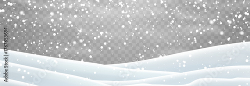 Snow flakes, snow and blizzard falling on snowdrifts. Snow landscape decoration, frozen hills isolated on png background. Vector heavy snowfall with snowbanks field. Christmas vector illustration