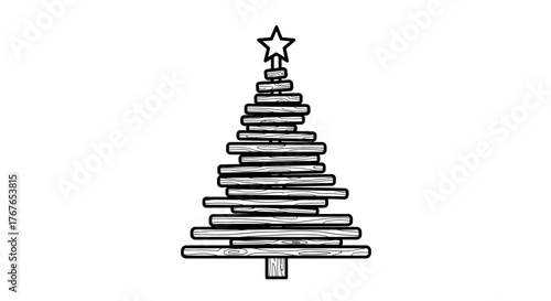 Black and white line art christmas tree with star topper