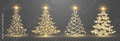 Vector Christmas tree made of glowing lights. Bright shiny Christmas light. Glittering lights in the form of a Christmas tree. Gold glowing spruce luxurious design. Vector on png background.