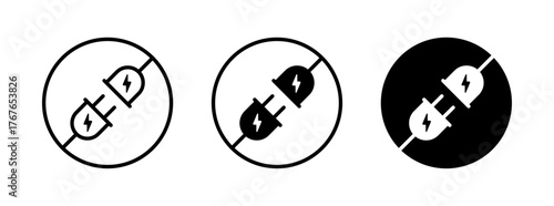 Electrical plug icon with lightning bolt, symbolizing power connection and energy supply in black and white