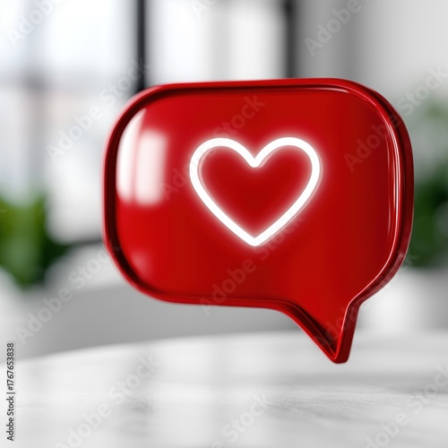 Minimalistic 3D red notification bubble with a glowing white heart symbol, set against a blurred background. Perfect for social media, communication, and digital themes.