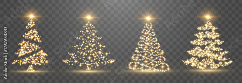 Vector Christmas tree made of glowing lights. Bright shiny Christmas light. Glittering lights in the form of a Christmas tree. Gold glowing spruce luxurious design. Vector on png background.