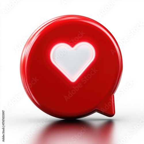 Minimalistic 3D red notification bubble with a glowing white heart symbol, isolated on a white background. Perfect for social media, communication, and digital marketing themes.