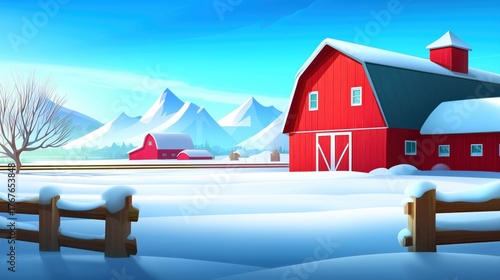 Picturesque winter scene featuring a red barn and snow-covered fields under a clear blue sky. Ideal for seasonal, rural, and agricultural themes.