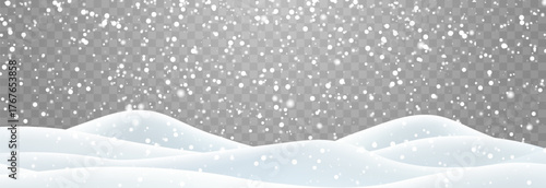 Snow flakes, snow and blizzard falling on snowdrifts. Snow landscape decoration, frozen hills isolated on png background. Vector heavy snowfall with snowbanks field. Christmas vector illustration