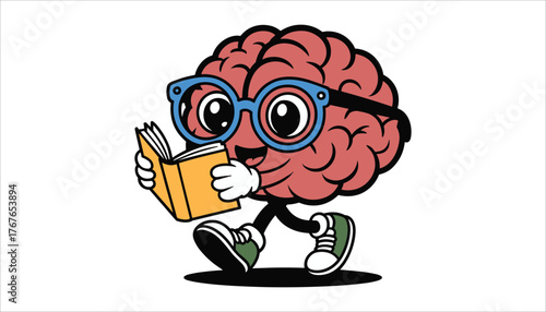 Cartoon brain character wearing glasses reading a book and walking vector