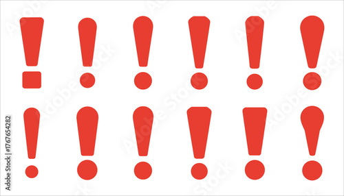 Twelve Red Exclamation Marks Arranged in Two Rows on White Background punctuation symbol