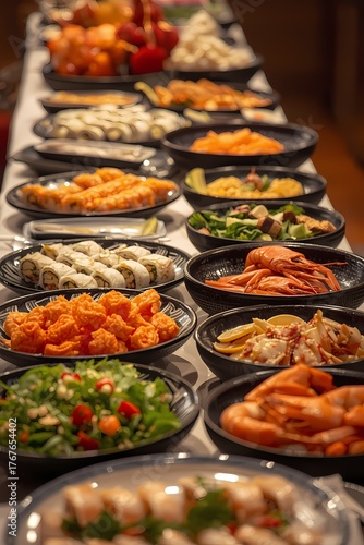Top view of delicious sushi and rolls with fresh fish and green peas served on wooden table in light cafe