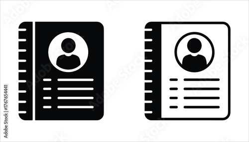 Two black and white icons of address books with person silhouette contact list notebook