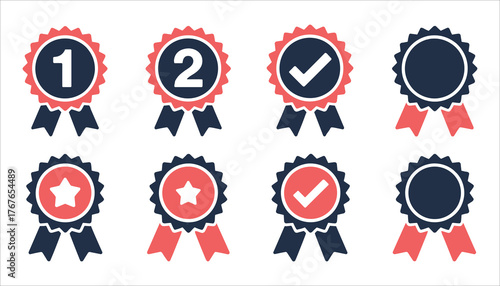 Set of eight award ribbons with numbers checkmarks and stars medal badge