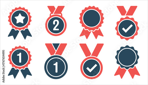 Set of eight flat design award ribbons and medals with numbers and symbols badge icon