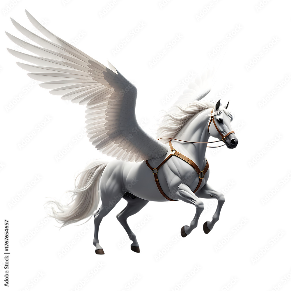 Obraz premium Majestic White Winged Horse Pegasus Flying With Open Wings And Leather Harness mythical